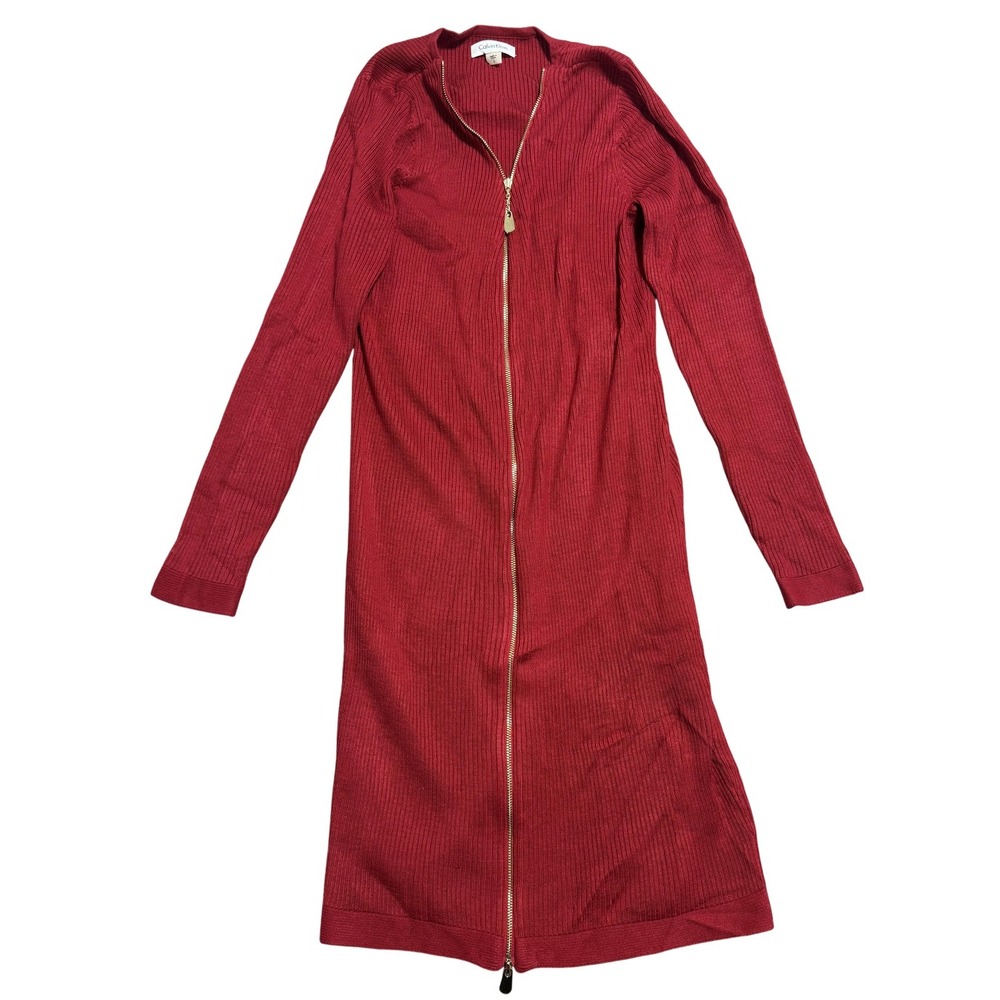 Calvin Klein Sweater Dress Womens Small Red‎ Ribbed Full Zip Long Knit Cardigan